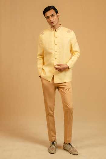 Buy_Gaurav katta_Yellow Linen Embroidery, Zari Zardozi Bushcoat Bandhgala 