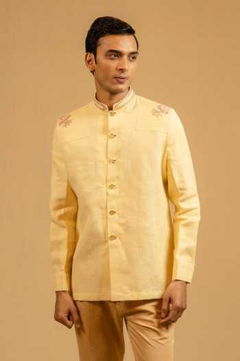 Shop_Gaurav katta_Yellow Linen Embroidery, Zari Zardozi Bushcoat Bandhgala 