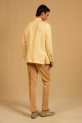 Shop_Gaurav katta_Yellow Linen Zardozi Work Bandhgala _at_Aza_Fashions