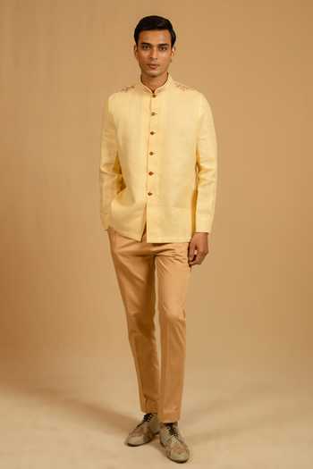 Gaurav katta_Yellow Linen Zardozi Work Bandhgala _Online_at_Aza_Fashions