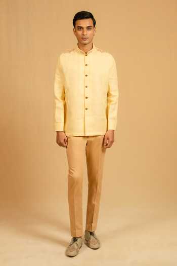 Buy_Gaurav katta_Yellow Linen Zardozi Work Bandhgala _Online_at_Aza_Fashions