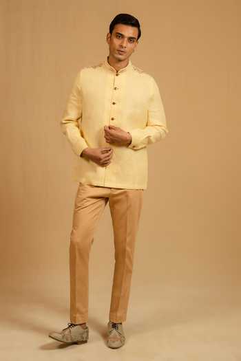 Shop_Gaurav katta_Yellow Linen Zardozi Work Bandhgala _Online_at_Aza_Fashions