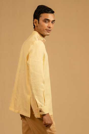 Gaurav katta_Yellow Linen Zardozi Work Bandhgala _at_Aza_Fashions
