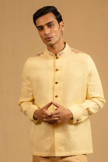 Buy_Gaurav katta_Yellow Linen Zardozi Work Bandhgala _at_Aza_Fashions