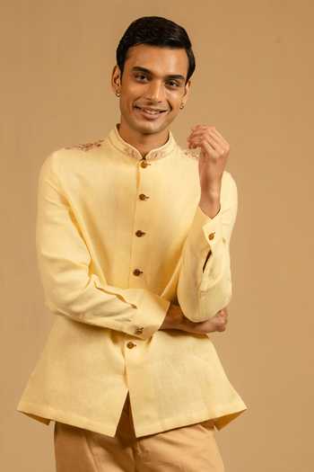 Buy_Gaurav katta_Yellow Linen Zardozi Work Bandhgala 