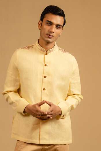 Shop_Gaurav katta_Yellow Linen Zardozi Work Bandhgala 
