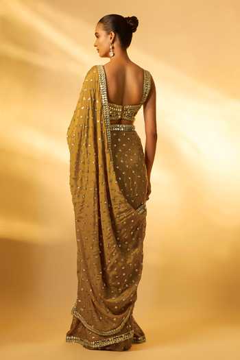 Shop_Vana Ethnics_Gold Crepe, Chinon Sequins, Mirrors Sweetheart Neck Saree And Blouse Set _at_Aza_Fashions