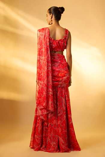 Shop_Vana Ethnics_Red Crepe, Chiffon Embroidery, Sequins Floral Print Pre-draped Saree Set _at_Aza_Fashions
