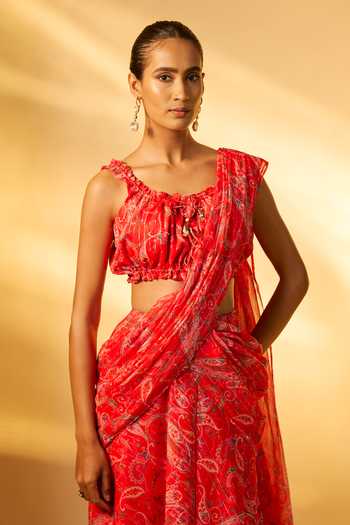 Vana Ethnics_Red Crepe, Chiffon Embroidery, Sequins Floral Print Pre-draped Saree Set _Online_at_Aza_Fashions