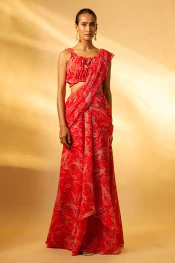 Buy_Vana Ethnics_Red Crepe, Chiffon Embroidery, Sequins Floral Print Pre-draped Saree Set _at_Aza_Fashions