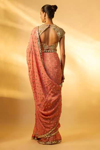 Shop_Vana Ethnics_Pink Crepe, Chinon Sequins, Mirrors V-neck Embellished Saree Set _at_Aza_Fashions