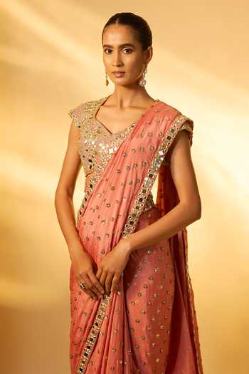 Vana Ethnics_Pink Crepe, Chinon Sequins, Mirrors V-neck Embellished Saree Set _Online_at_Aza_Fashions