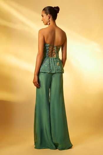 Shop_Vana Ethnics_Green Crepe, Chinon Sequins, Mirrors Bandeau Neck Embellished Top Palazzo Set _at_Aza_Fashions