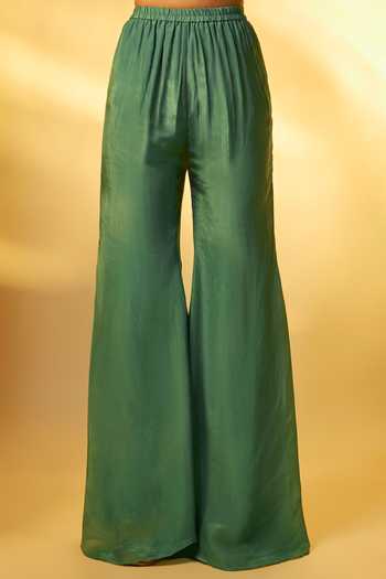 Vana Ethnics_Green Crepe, Chinon Sequins, Mirrors Bandeau Neck Embellished Top Palazzo Set _Online_at_Aza_Fashions