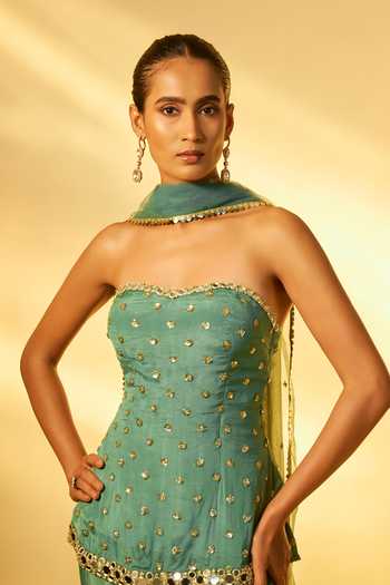 Buy_Vana Ethnics_Green Crepe, Chinon Sequins, Mirrors Bandeau Neck Embellished Top Palazzo Set _Online_at_Aza_Fashions