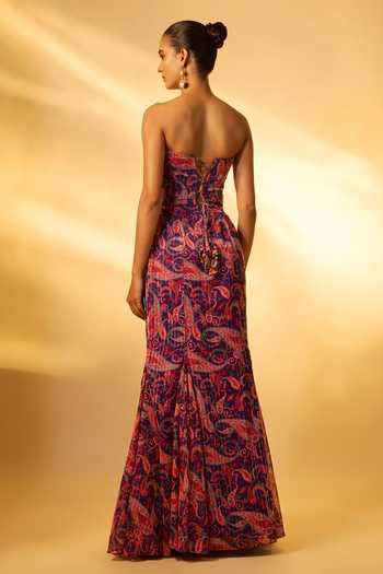 Shop_Vana Ethnics_Purple Crepe, Chiffon Embroidery, Sequins Paisley Print Corset Skirt Set _at_Aza_Fashions