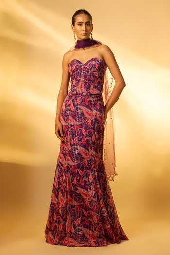 Buy_Vana Ethnics_Purple Crepe, Chiffon Embroidery, Sequins Paisley Print Corset Skirt Set _at_Aza_Fashions