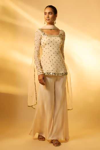 Buy_Vana Ethnics_Ivory Chinon Sequins, Mirrors Square Neck Work Top Palazzo Set _at_Aza_Fashions