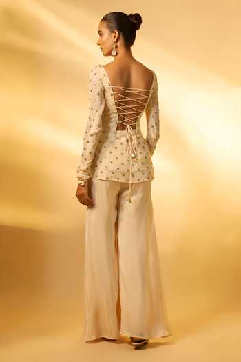 Shop_Vana Ethnics_Ivory Chinon Sequins, Mirrors Square Neck Work Top Palazzo Set _at_Aza_Fashions
