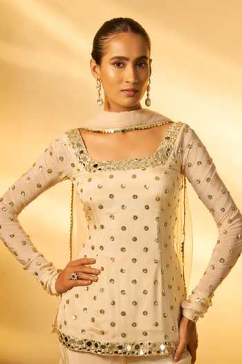 Buy_Vana Ethnics_Ivory Chinon Sequins, Mirrors Square Neck Work Top Palazzo Set _Online_at_Aza_Fashions