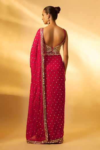 Shop_Vana Ethnics_Red Crepe, Chinon Sequins, Mirrors, Embroidery Sweetheart Neck Saree Set _at_Aza_Fashions