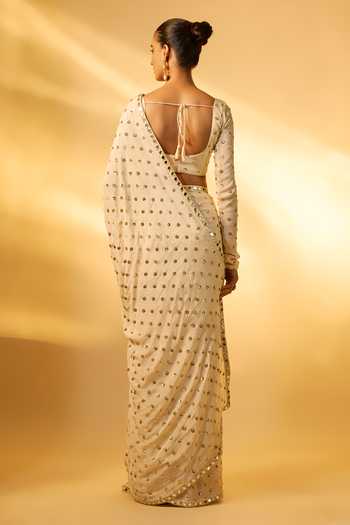 Shop_Vana Ethnics_White Chinon Sequins, Mirrors Square Neck Work Pre-draped Saree Set _at_Aza_Fashions