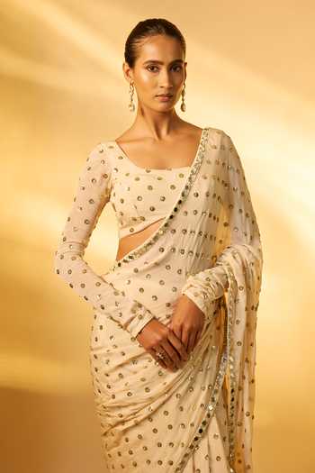 Buy_Vana Ethnics_White Chinon Sequins, Mirrors Square Neck Work Pre-draped Saree Set _Online_at_Aza_Fashions