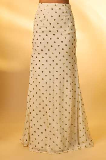 Vana Ethnics_White Crepe, Chinon Sequins, Mirrors Square Neck Embroidered Bustier Skirt Set _Online_at_Aza_Fashions
