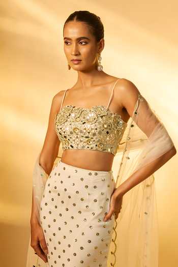 Buy_Vana Ethnics_White Crepe, Chinon Sequins, Mirrors Square Neck Embroidered Bustier Skirt Set _Online_at_Aza_Fashions
