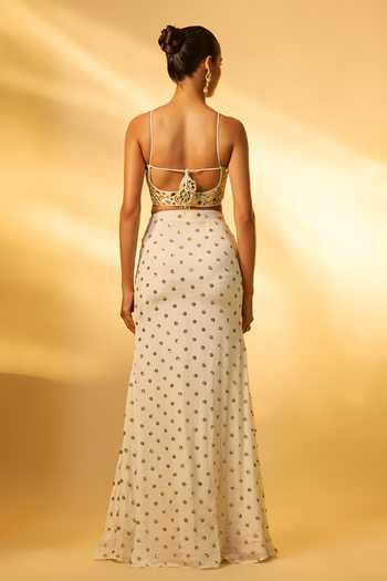 Shop_Vana Ethnics_White Crepe, Chinon Sequins, Mirrors Square Neck Embroidered Bustier Skirt Set _at_Aza_Fashions
