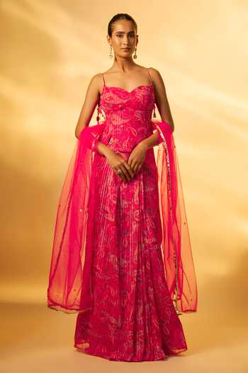 Buy_Vana Ethnics_Pink Chiffon Sequins, Embroidery Sweetheart Paisley Print Corset Lehenga Set _at_Aza_Fashions