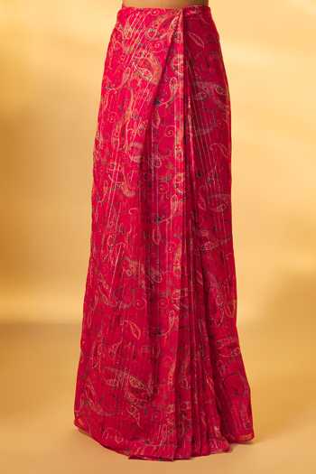 Vana Ethnics_Pink Chiffon Sequins, Embroidery Sweetheart Paisley Print Corset Lehenga Set _Online_at_Aza_Fashions