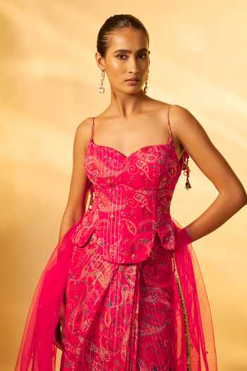 Buy_Vana Ethnics_Pink Chiffon Sequins, Embroidery Sweetheart Paisley Print Corset Lehenga Set _Online_at_Aza_Fashions