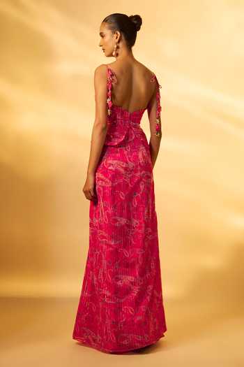 Shop_Vana Ethnics_Pink Chiffon Sequins, Embroidery Sweetheart Paisley Print Corset Lehenga Set _at_Aza_Fashions