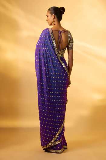 Shop_Vana Ethnics_Purple Chinon Sequins, Mirrors Square Neck Embellished Saree Set _at_Aza_Fashions