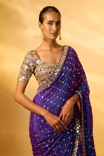 Vana Ethnics_Purple Chinon Sequins, Mirrors Square Neck Embellished Saree Set _Online_at_Aza_Fashions