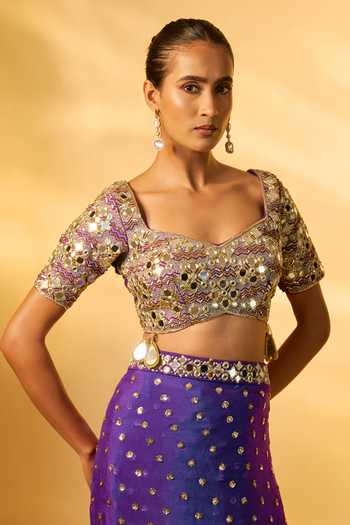 Buy_Vana Ethnics_Purple Chinon Sequins, Mirrors Square Neck Embellished Saree Set _Online_at_Aza_Fashions