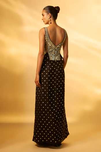 Shop_Vana Ethnics_Black Crepe, Chinon Sequins, Mirrors V-neck Embroidered Top And Skirt Set _at_Aza_Fashions