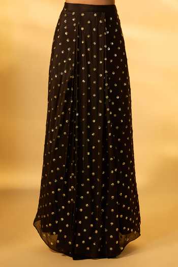 Vana Ethnics_Black Crepe, Chinon Sequins, Mirrors V-neck Embroidered Top And Skirt Set _Online_at_Aza_Fashions