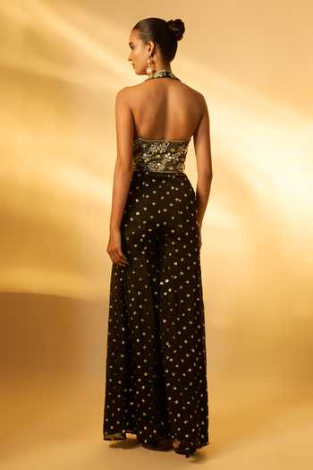 Shop_Vana Ethnics_Black Crepe, Chinon Embroidery, Sequins, Mirrors Halter Work Top Palazzo Set _at_Aza_Fashions