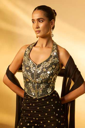 Buy_Vana Ethnics_Black Crepe, Chinon Embroidery, Sequins, Mirrors Halter Work Top Palazzo Set _Online_at_Aza_Fashions