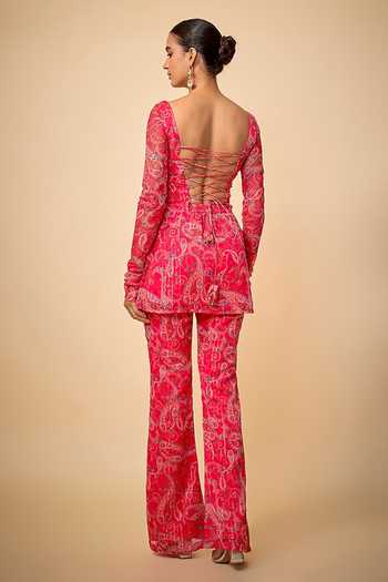 Shop_Vana Ethnics_Pink Crepe, Chiffon Sequins Square Neck Paisley Print Long Top Palazzo Set _at_Aza_Fashions