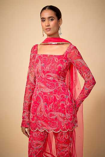 Buy_Vana Ethnics_Pink Crepe, Chiffon Sequins Square Neck Paisley Print Long Top Palazzo Set _Online_at_Aza_Fashions