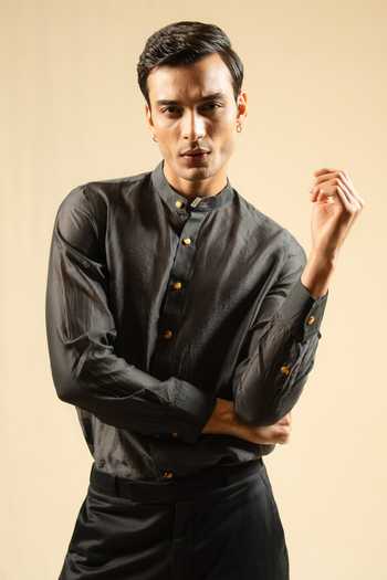 Shop_Gaurav katta_Grey Silk, Chanderi Shirt _at_Aza_Fashions