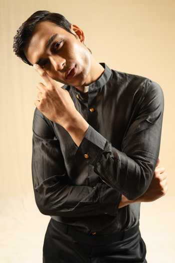 Buy_Gaurav katta_Grey Silk, Chanderi Shirt _Online_at_Aza_Fashions