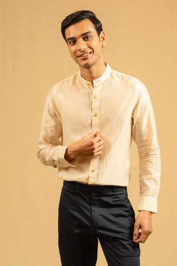 Gaurav katta_Beige Silk, Chanderi Shirt _at_Aza_Fashions