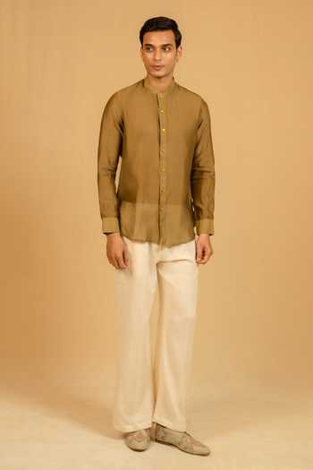 Gaurav katta_Olive Green Silk, Chanderi Shirt _Online_at_Aza_Fashions