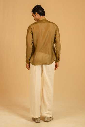 Shop_Gaurav katta_Olive Green Silk, Chanderi Shirt _at_Aza_Fashions