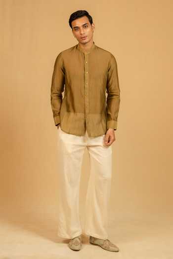 Buy_Gaurav katta_Olive Green Silk, Chanderi Shirt _Online_at_Aza_Fashions