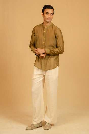 Gaurav katta_Olive Green Silk, Chanderi Shirt _at_Aza_Fashions